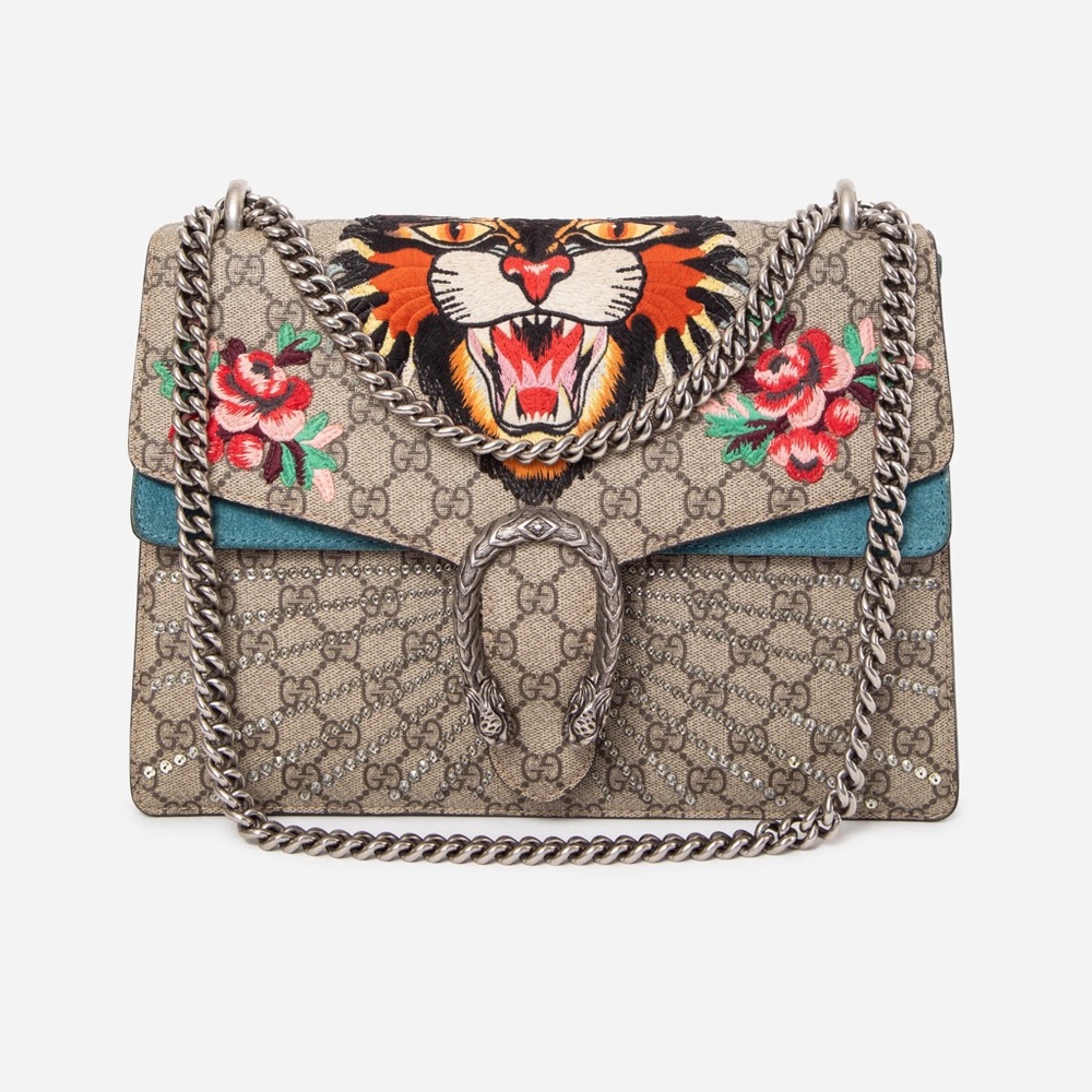 Gucci Medium Dionysus GG Supreme Embroidered Tiger Shoulder Bag